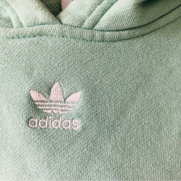 Adidas Cropped Three Stripe Cotton Hoodie Mint Sage Green Embroidered Logo XS - Picture 3 of 6